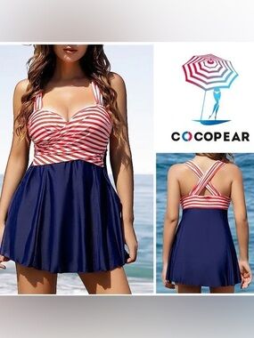 COCOPEAR patriotic Red striped crossover swim dress-4XL